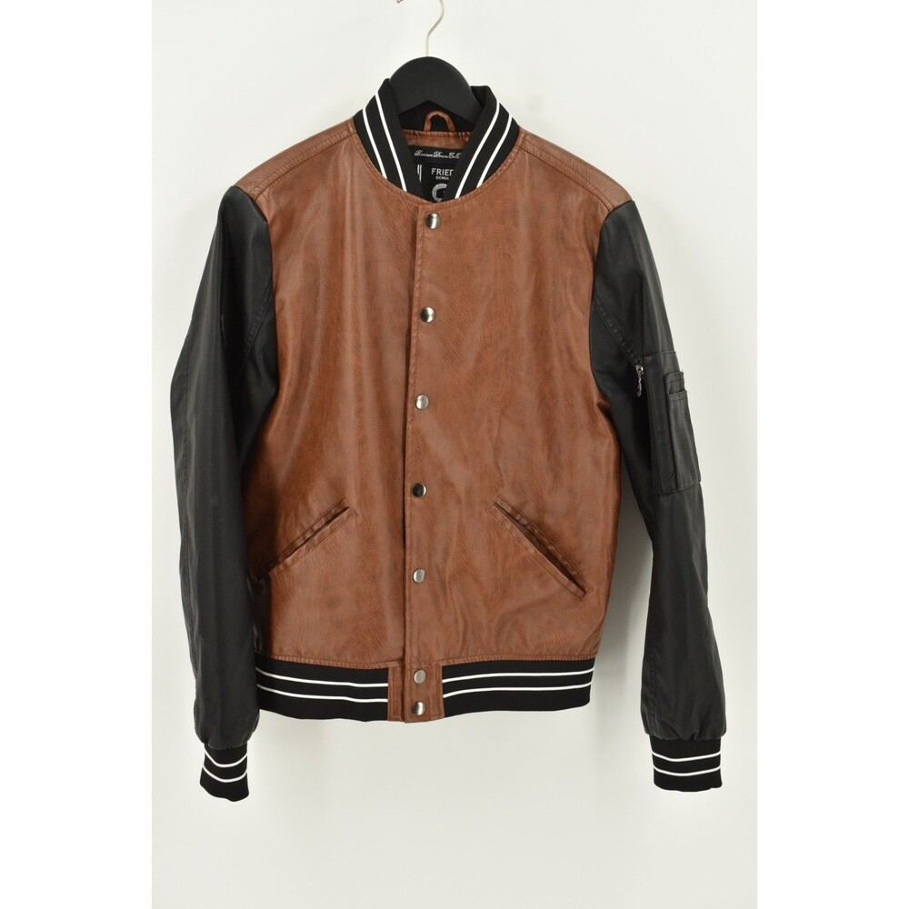 Fried Denim Mens Small Faux Leather Varsity Jacket Brown Black Bomber Letterman